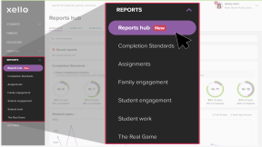 Educator account in Xello. The Reports menu is open and the cursor is clicking Reports hub